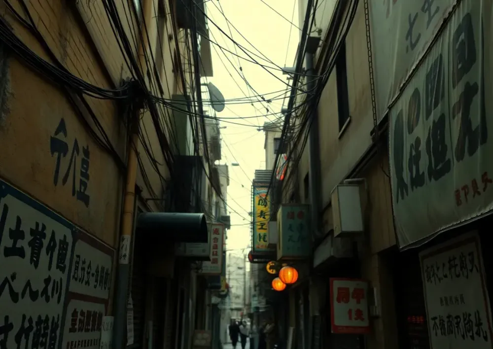 Узкая улочка трущоб, хаотичные...